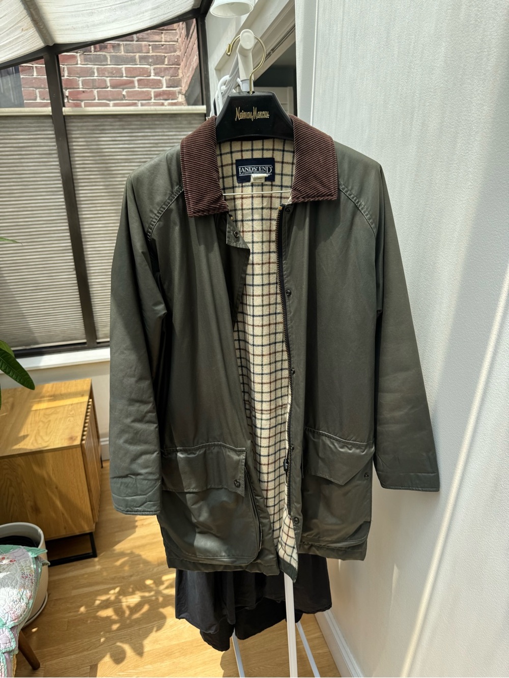 Lands' End Olive Green Bomber Jacket with Brown Corduroy Collar